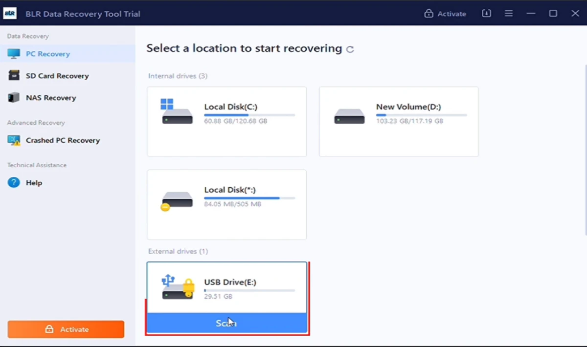 screenshot of BLR Pen Drive Recovery Tool